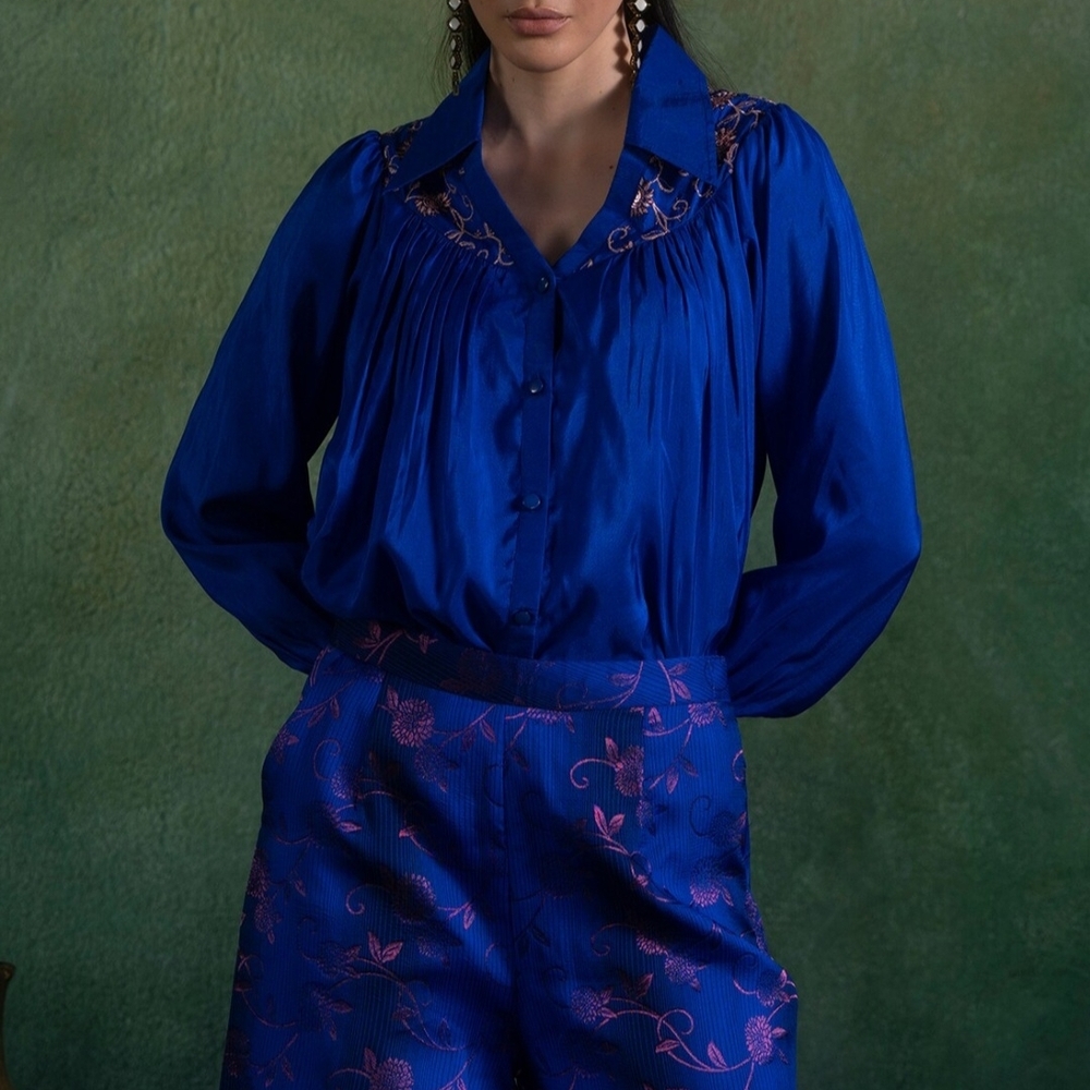 Elegant Blue Blouse with Embroidered Details And Wide Leg Pants